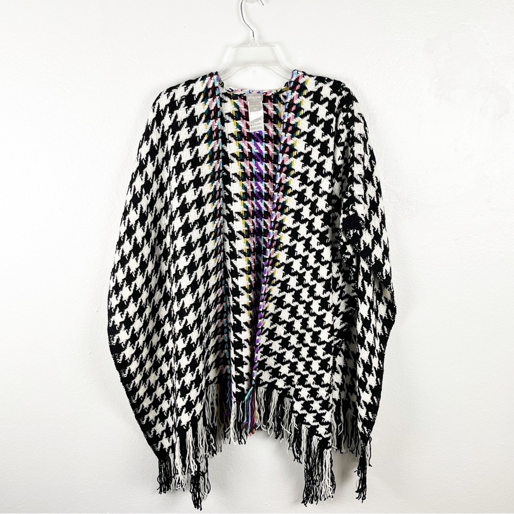 CHICO’S Black And White Houndstooth Multicolored Accent Panel Fringe Poncho